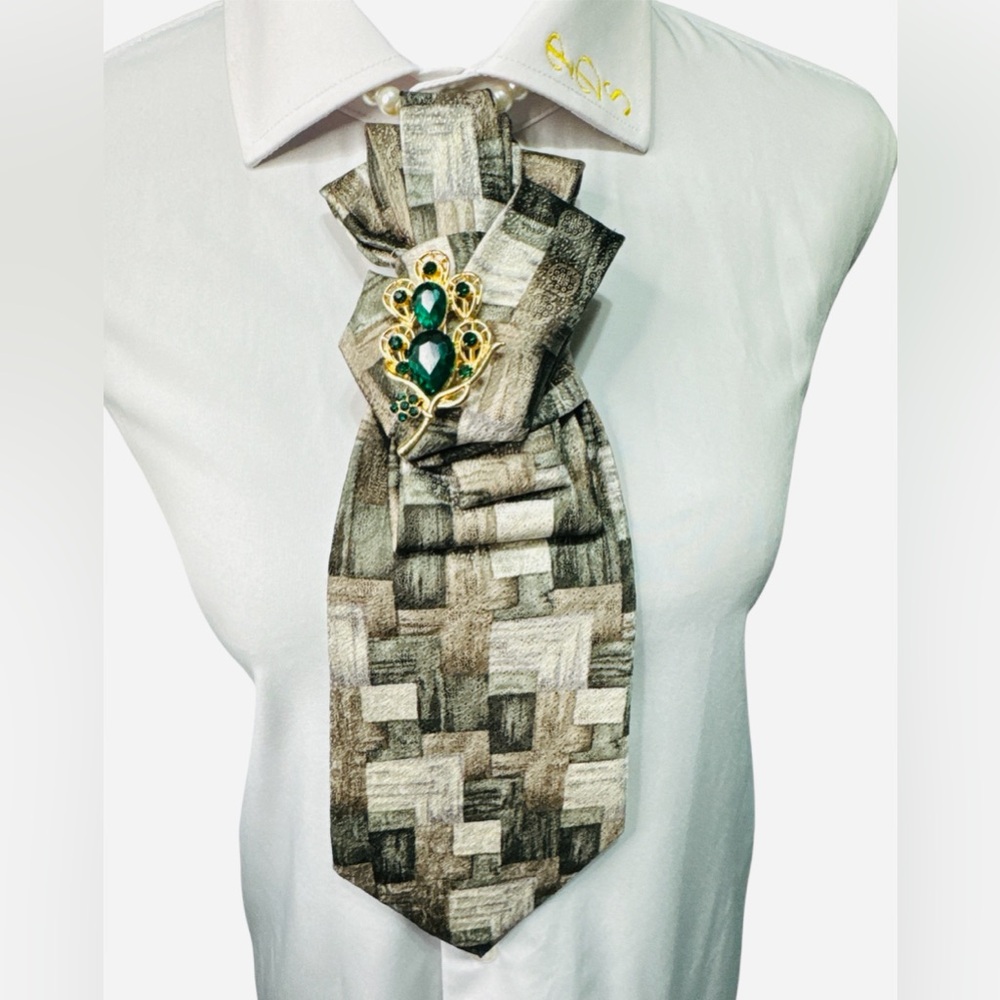Pierre Cardin Tan, Green, and Brown Necktie featuring Gold/Emerald Brooch